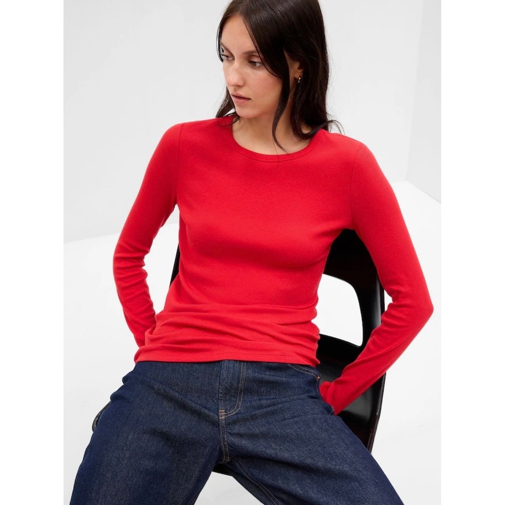 NWT Gap Womens Red Ribbed Long Sleeve Crewneck Tee Shirt Size L